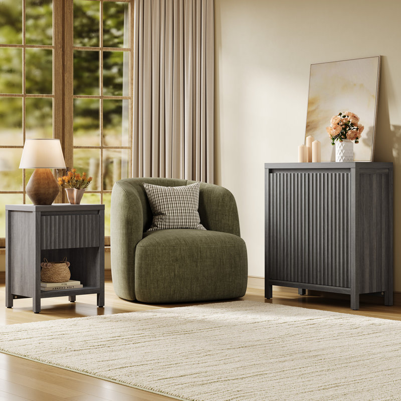 Modern Fluted 1-Drawer Nightstand With Open Shelf Storage, Graphite