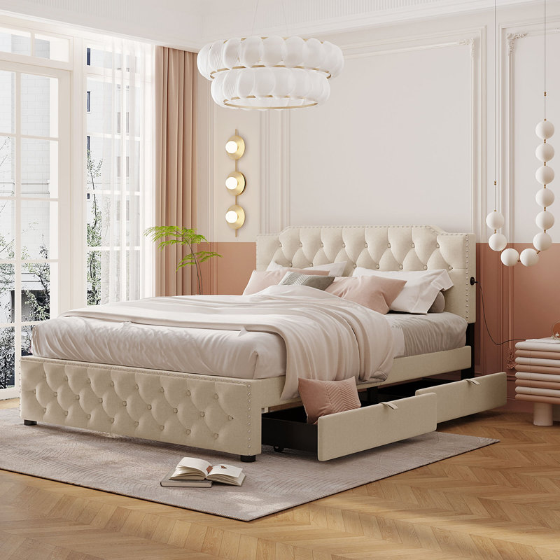 Jontrell Upholstered Panel Storage Bed, Beige