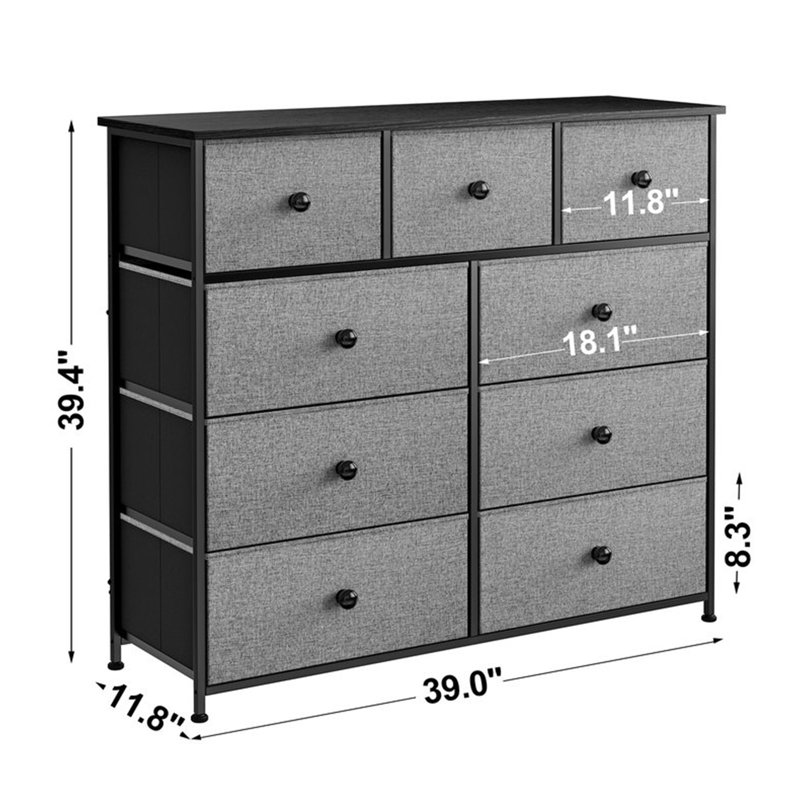 Commode 9 tiroirs Tyringham, Gris clair