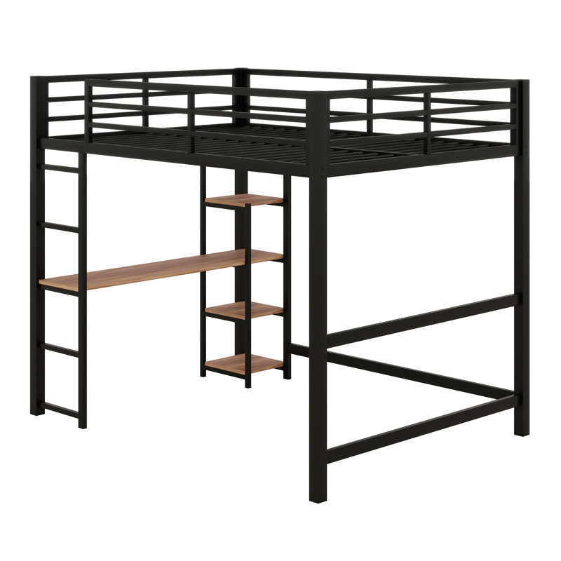 Lit mezzanine en métal avec bureau intégré et tablettes de rangement