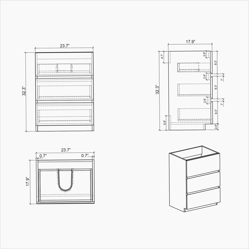 Floor cabinet WITHOUT basin,With three drawers, Walnut