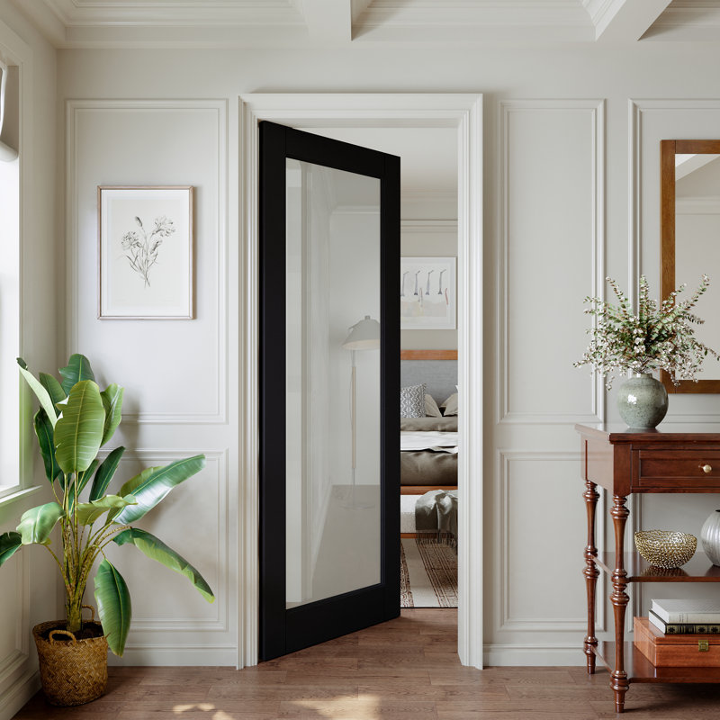 Intérieur 1-Lite cadre noir et porte en verre givré, porte de dalle simple apprêtée à noyau solide, verre trempé certifié SGCC, pré-fini et facile à faire soi-même en satin, sans quincaillerie, garde-manger, chambre à coucher, salle de bain et garde-robe, pour pré-suspendu, français et poche Porte, 28 po x 80 po