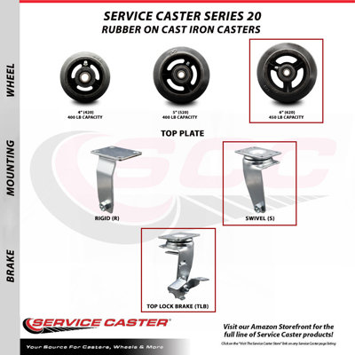6 Inch Rubber on Cast Iron Swivel Caster Set with Roller Bearings and Brakes