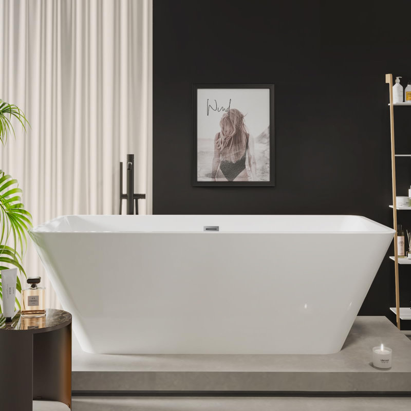 66" Acrylic Freestanding Soaking Tub, Contemporary Design Bathtub, Chrome Overflow & Drain