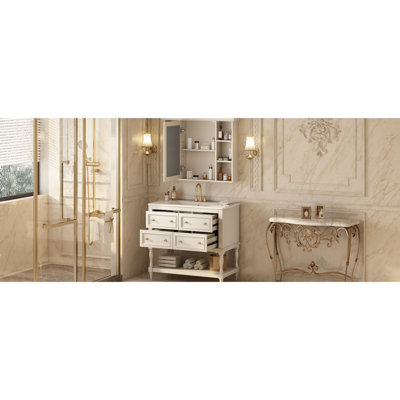Ensemble de meuble-lavabo et miroir 36 po, structure en bois massif, 4 tiroirs, finition imperméable, rangement supplémentaire, lavabo en céramique avec armoire, poignées argentées peintes de haute qualité