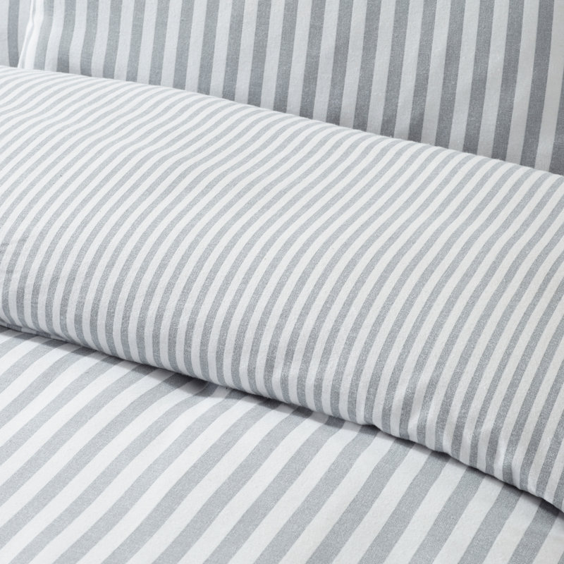 Brushed Stripe Cotton Reversible Duvet Cover Set, Silver Grey, Double Duvet Cover + 2 Standard Pillowcases