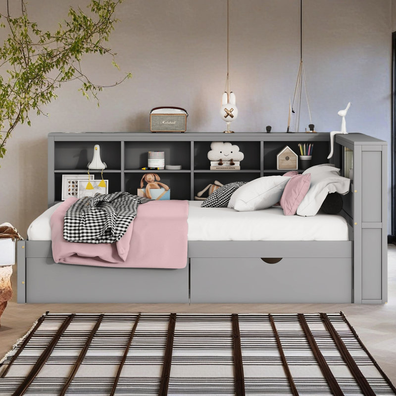Lit de jour en bois avec 2 tiroirs, lit de jour avec tablette de rangement et ports de chargement USB, Lit double, Gris