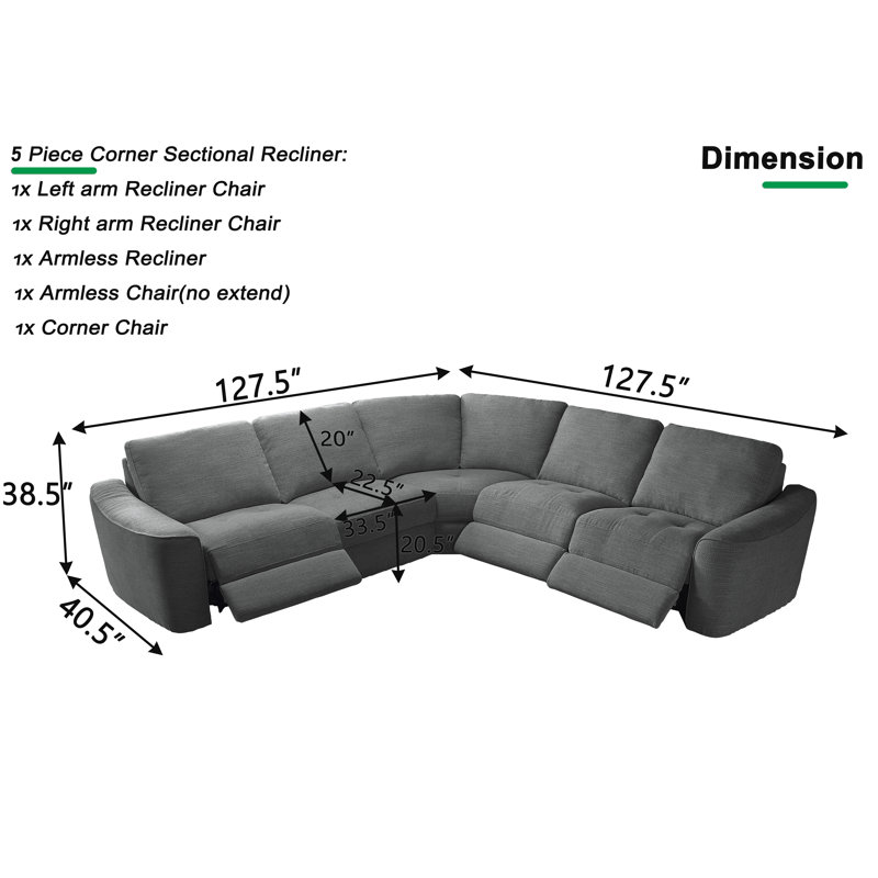 5 - Piece Power Reclining Upholstered Sectional With Comfort Wide Seating, Dark Gray Polyester