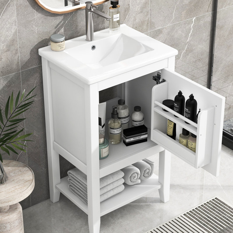 Meuble-lavabo blanc avec profondeur de 20 po, lavabo en céramique, armoire, étagère de rangement et tablette ouverte - finition peinte, porte à fermeture douce de style moderne, poignée de bar, grand bois massif