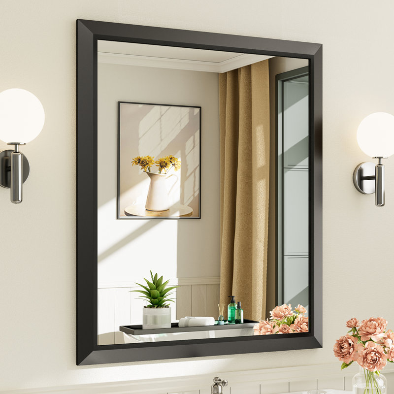 Miroirs de salle de bain modernes et contemporains en métal biseauté rectangulaire / carré avec verre trempé HD, Noir mat