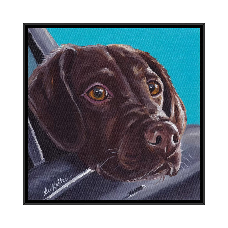 «Chocolate Lab in Car», impression sur toile, H 26 po x l 26 po x P 1,5 po, Toile avec cadre noir