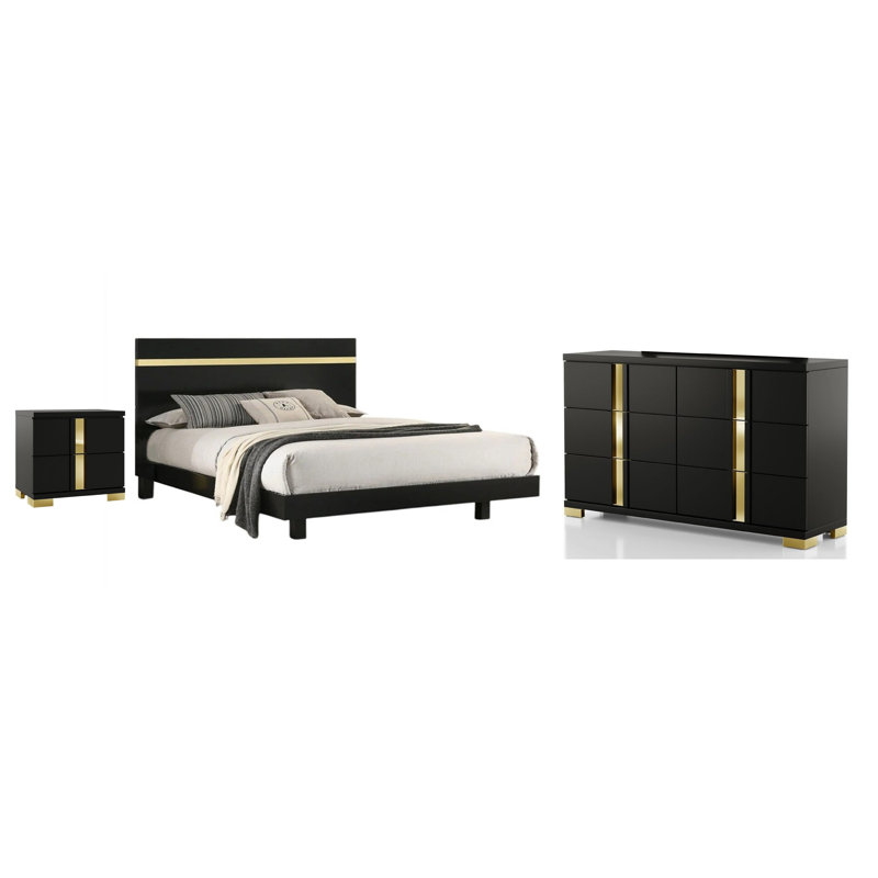 Ensemble de chambre à coucher double, noir et or, ensemble de 3 pièces avec commode et table de chevet, Black, Gold