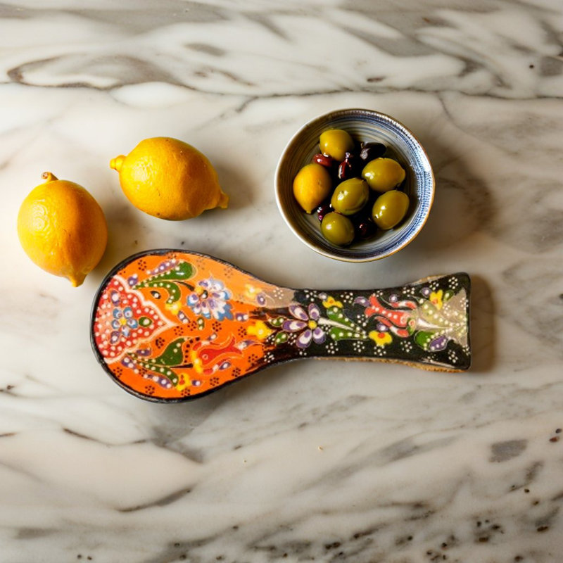 Handmade Turkish Ceramic Spoon Rest For Kitchen Counter - Colourful Iznik Style Ladle Holder - Decorative Utensil Rest Tray
