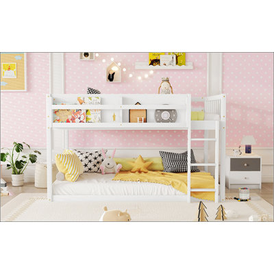 Lit superposé bas simple au-dessus de simple, lit superposé au sol avec échelle, lit superposé simple en bois massif pour enfants et enfants, blanc