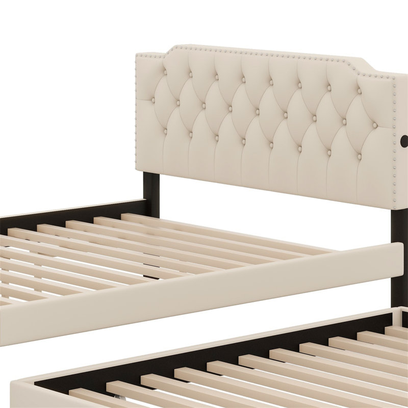 Lit plateforme tapissier avec lit gigogne et 2 ensembles de ports USB, Beige