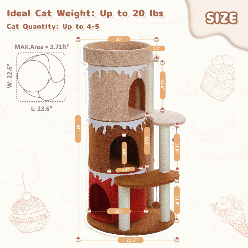 Arbre à chat en forme de gâteau avec appartement à trois niveaux et plateforme de saut, Rose