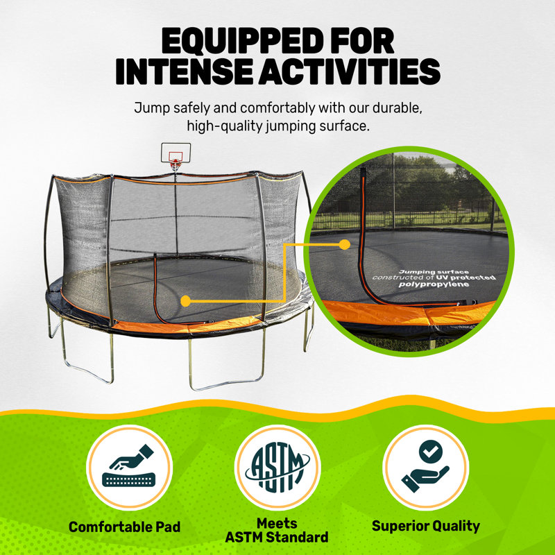 15' Black Round Trampoline with Enclosure and Basketball Hoop