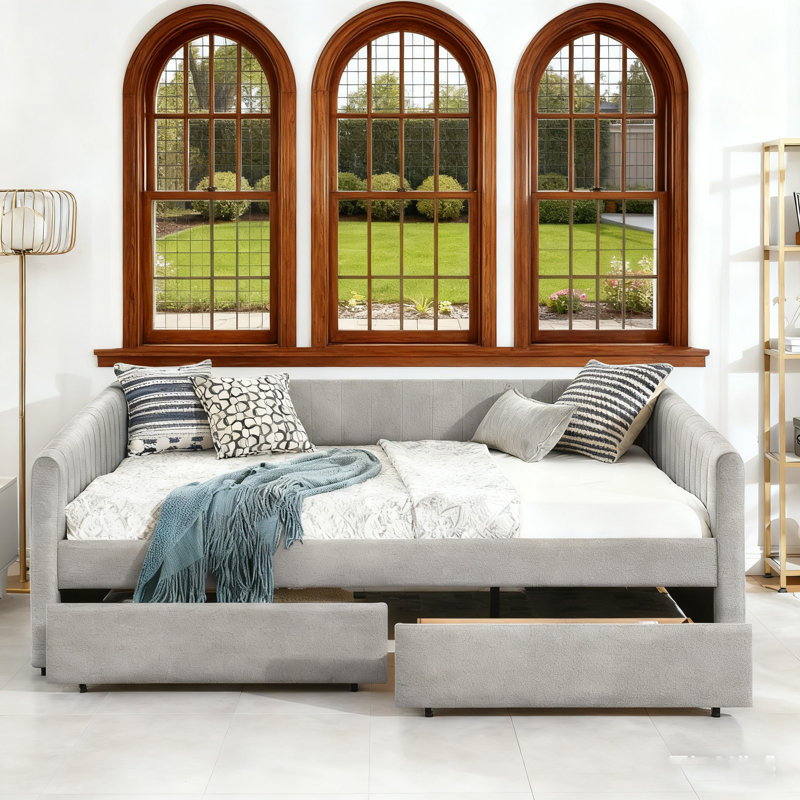 Queen Sofa Bed With 2-Drawer Trundle, Upholstered In Linen With Vertical Stripes, Gray