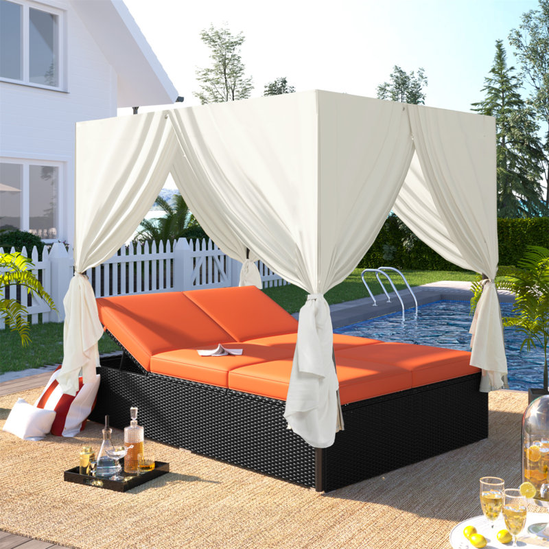 Luxueux lit de bronzage d'extérieur en osier avec coussins réglables pour une détente ultime, Orange