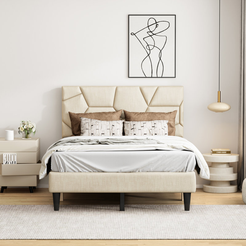 Full Bed Frame, Linen Storage Headboard, Strong And Stable, No Noise, No Box Spring, Weight 397Lbs, Full