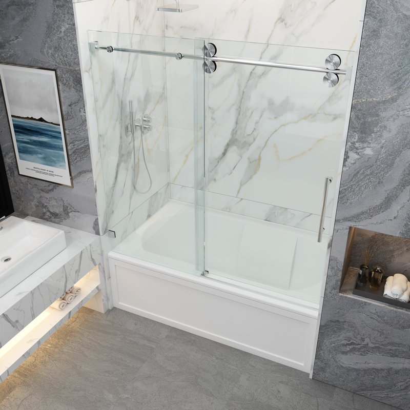 Porte de baignoire coulissante lisse sans cadre avec verre transparent de 3/8 po (10 mm) Opal Mirage MCOCOD, Nickel