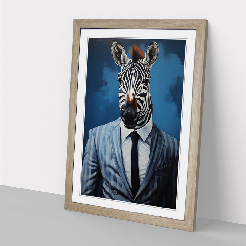Zebra In A Suit Painting - Single Picture Frame Print on Wood, Oak, 46cm H x 34cm W x 2cm D