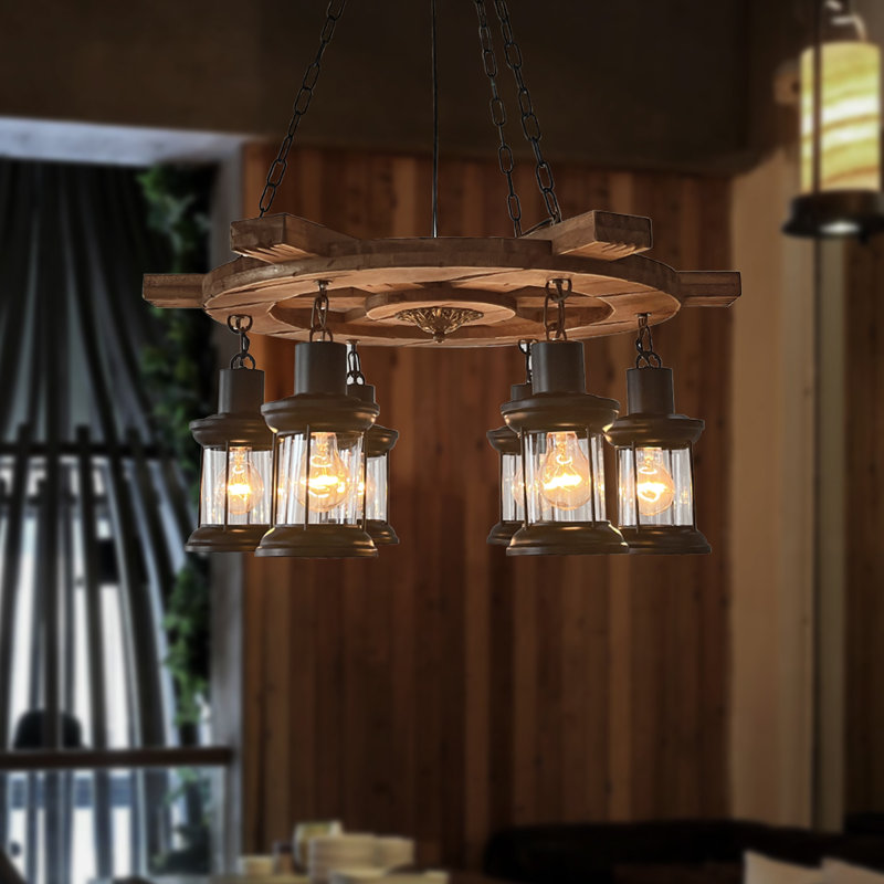 Otterville 6 - Light Dimmable Retro Wood Wagon Wheel Chandelier