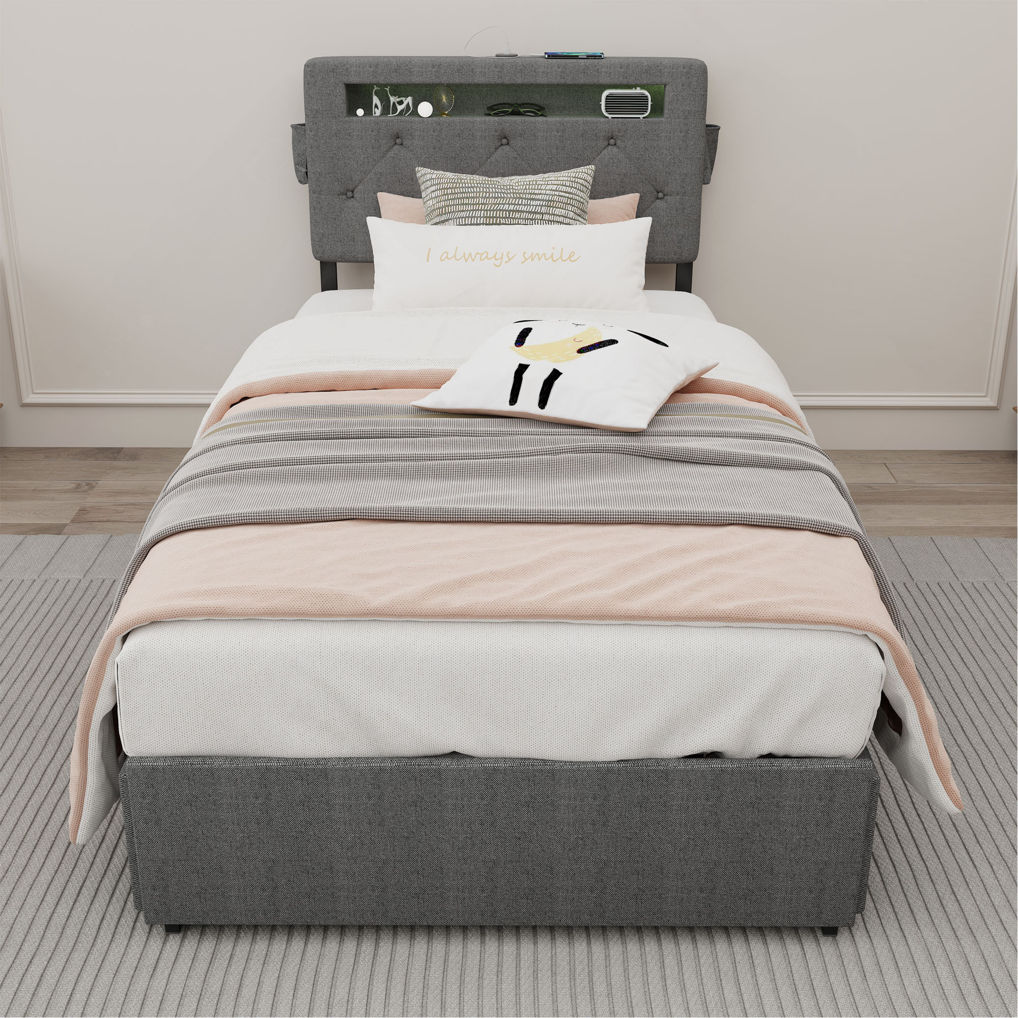 Ebern Designs Bed Frame With USB Charging Station & LED Lights, Bed ...