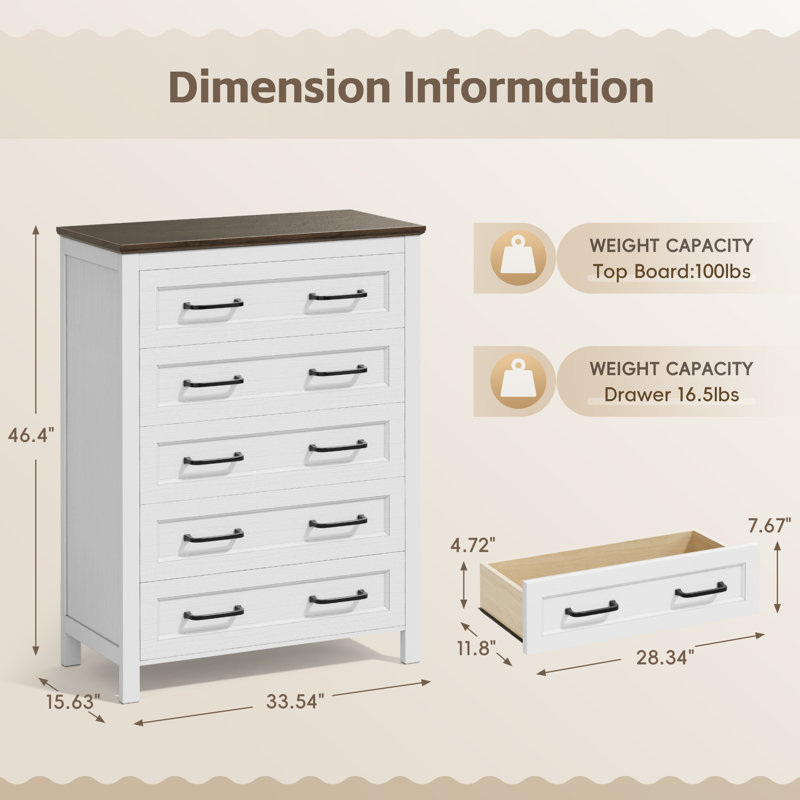 Modern Farmhouse 46.4" H Vertical Dresser, 5 Drawers With 100lbs Top Capacity, Sturdy Storage Chest For Bedroom Furniture