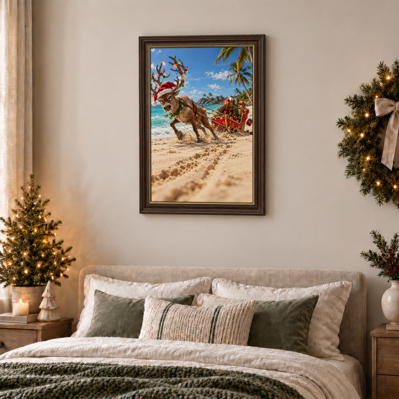 «Reindeer In Santa Hat Pulling Sleigh On Tropical Christmas», art mural sur toile, H 24 po x l 16 po