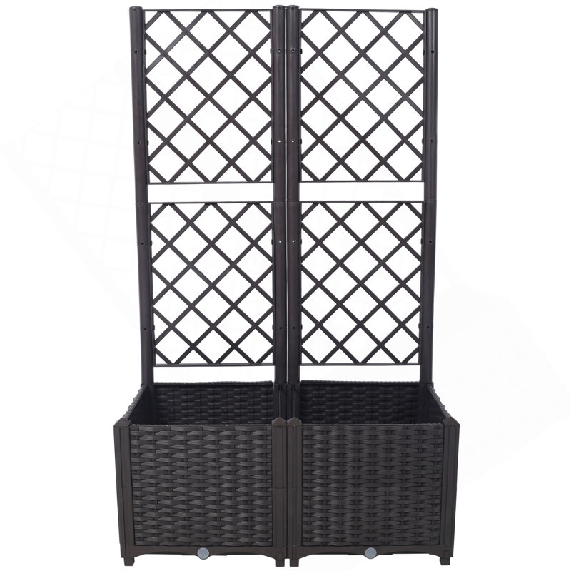 Poly Rattan Brown Trellis Raised Bed  With Drainage Plug - 2 Removable Pots With Large Flower Boxes - Built-In Support For Climbing Plants - Outdoor Patio Garden Decoration