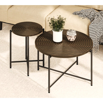 Ensemble de 2 tables basses et tables de bout - panneau de fibres à densité moyenne imperméable avec housse en PVC, conception cylindrique vieillie, pieds en métal noir - charme rustique classique