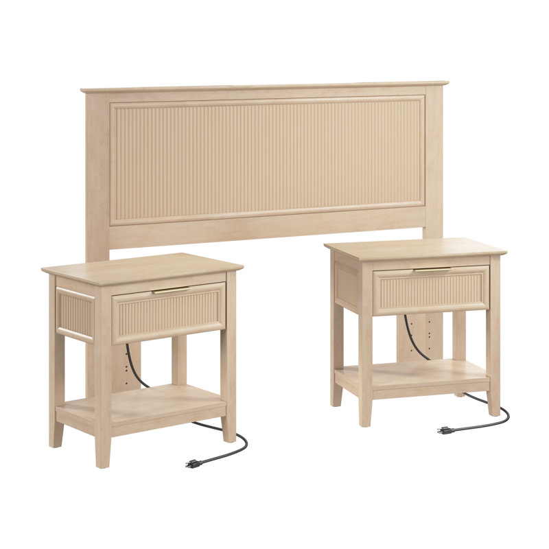 Tête de lit double / grand cannelée 65W avec ensemble de 2 tables de chevet, mobilier de chambre, Beige