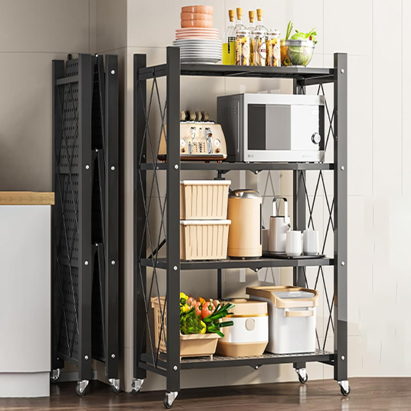 Tablettes de rangement pliables à 4 tablettes avec roulettes, Noir mat