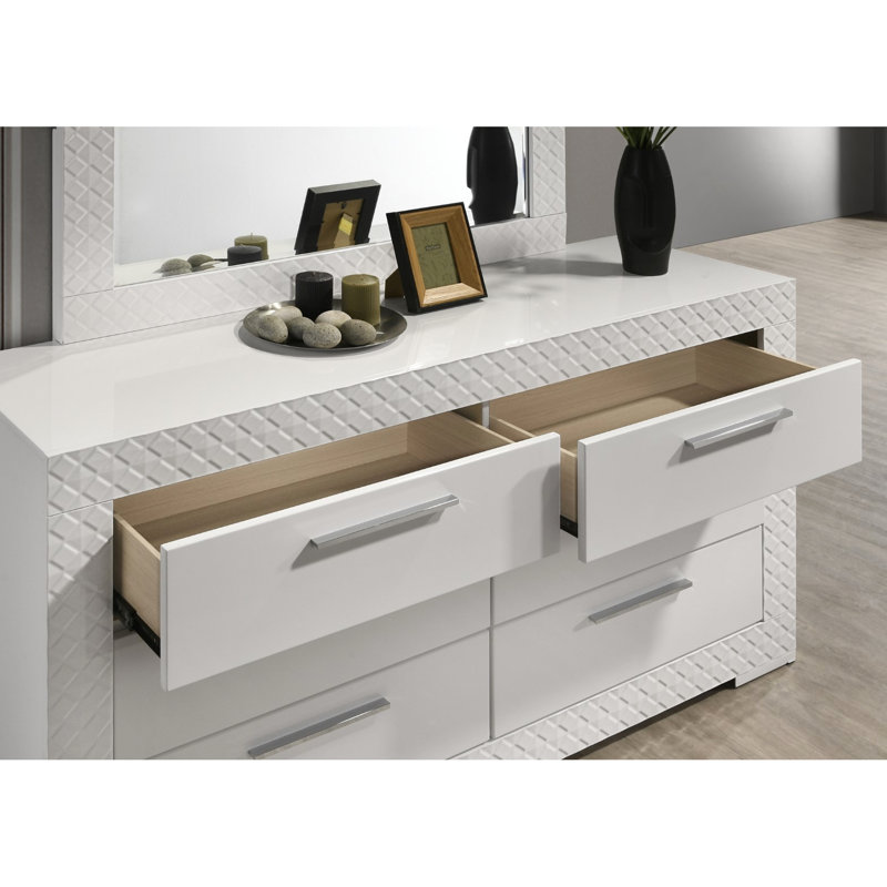 Table de chevet blanche classique à 2 tiroirs avec finition ultrabrillante, quincaillerie et glissière latérale en métal, bois d'ingénierie moderne