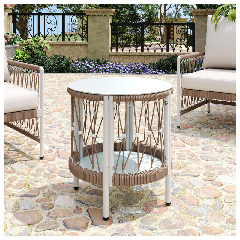 Table d'appoint d'extérieur Bohème avec détails en corde tissée à la main et plateau en verre trempé - Table d'appoint de patio résistante aux intempéries