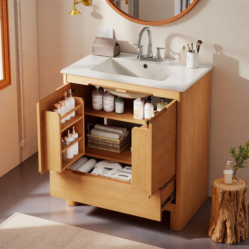 Meuble-lavabo moderne de 30 po avec lavabo en céramique, armoire de salle de bain autoportante avec grain de bois naturel, portes et tiroir à fermeture en douceur et tablette réglable
