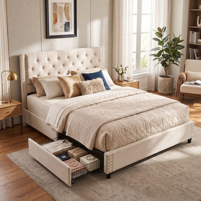 King Size Bed Frame with 4 Drawers & Tufted Headboard, Upholstered Platform Bed with 12 Wood Slats – 800 lbs Capacity, No Box Spring Needed