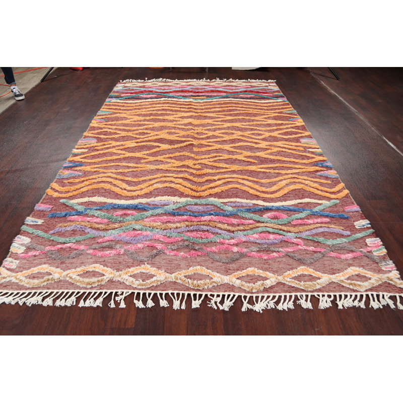 Tapis décoratif en laine noué à la main de conception unique noué à la main Bourgogne/brun foncé/Aqua 6 pi 5 po x 9 pi 7 po New Age