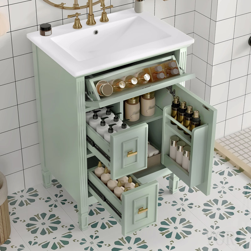 Meuble-lavabo de 24 pouces avec lavabo, armoire en bois massif et panneau de fibres à densité moyenne avec un tiroir rabattable, deux tiroirs standard et une tablette réglable, meuble-lavabo vert autoportant pour le rangement de la salle de bain