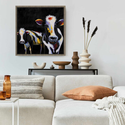 Deux vaches amusantes, toile encadrée - Blanc, décoration intérieure contemporaine