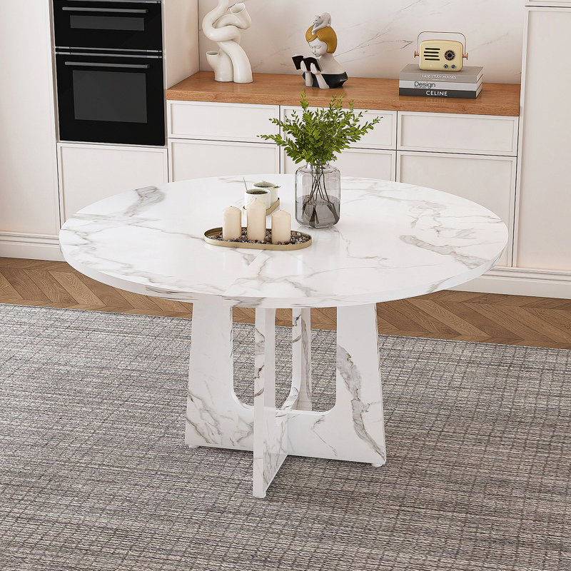47.24" Round Dining Table for 4 - Farmhouse MDF Table with Marble White Finish, 300lb Capacity, Easy Assembly for Kitchen/Dining Room - Modern Spiced Table