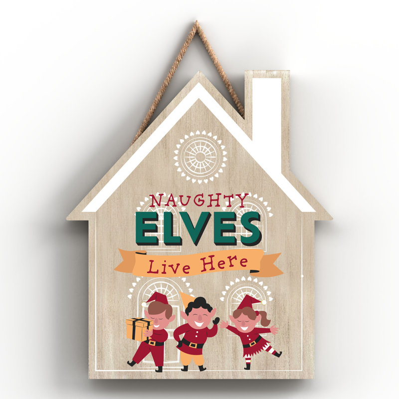 Cheeky Elves Christmas Wooden House Plaque Wall Décor