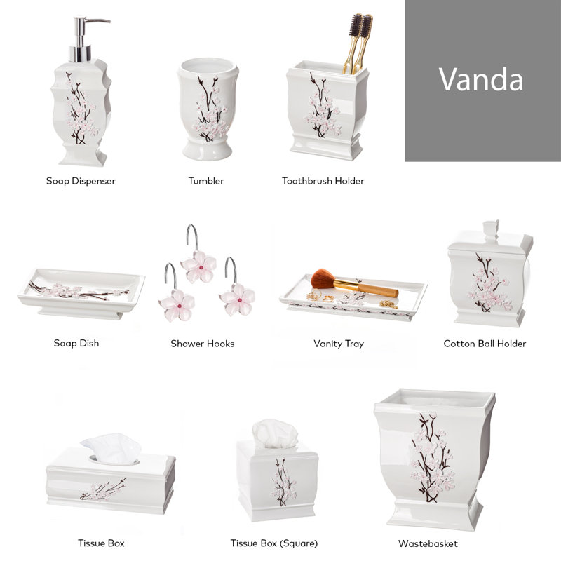 Vanda White and Pink Floral Resin Shower Curtain Hooks Set
