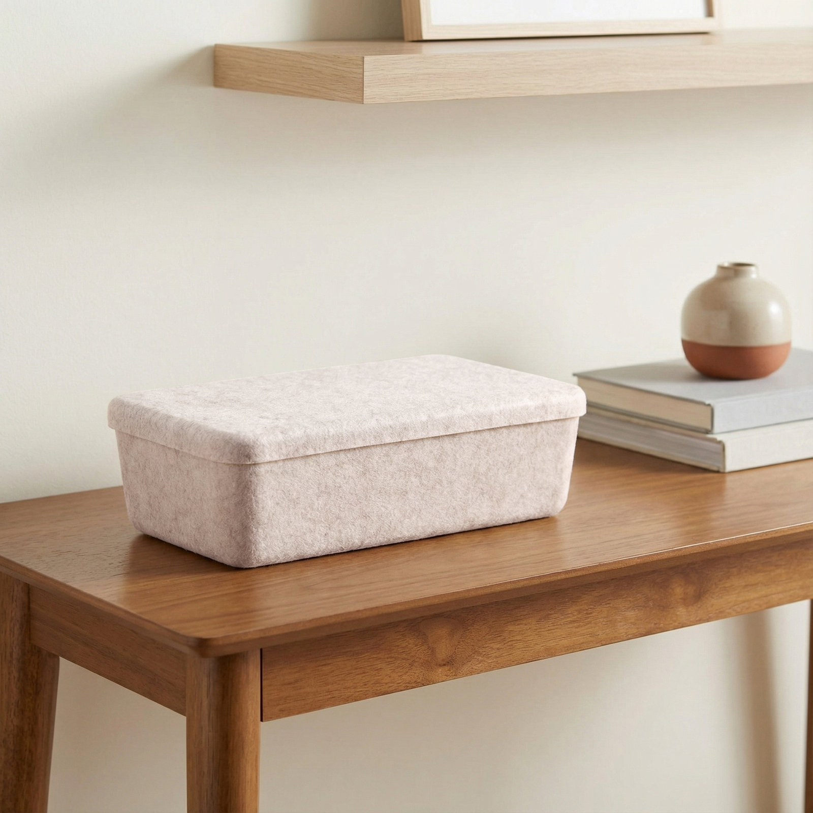 Sculpted Felt Storage Bin - Long with Lid, Beige