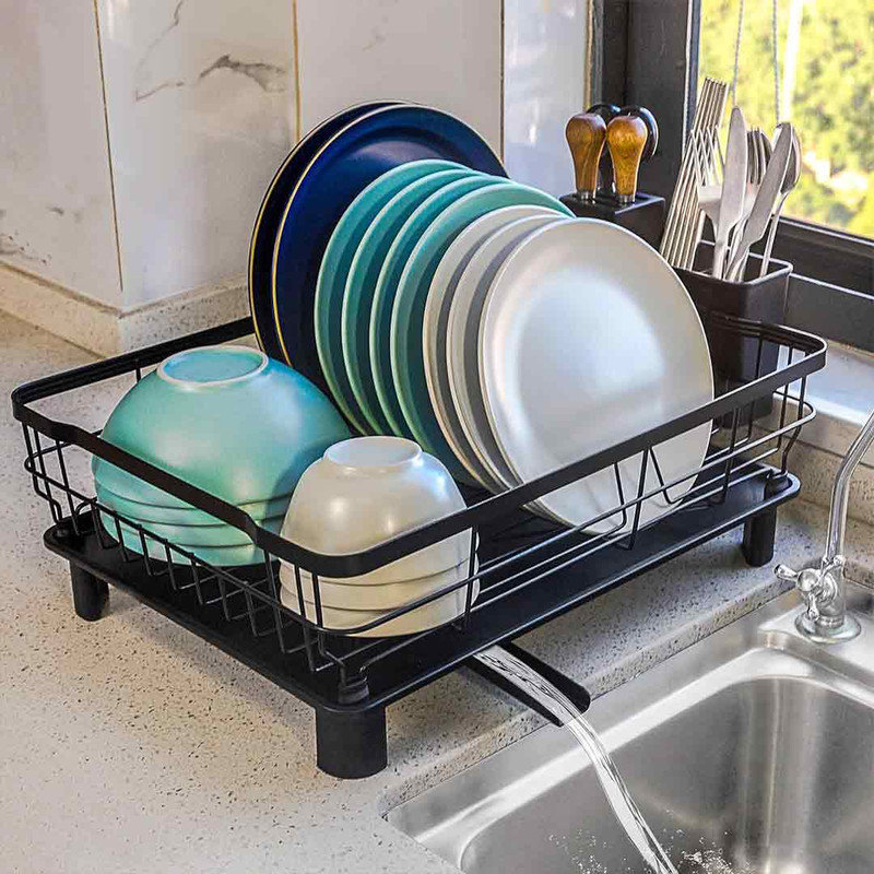 Black Metal Dish Drying Rack with Utensil Holder
