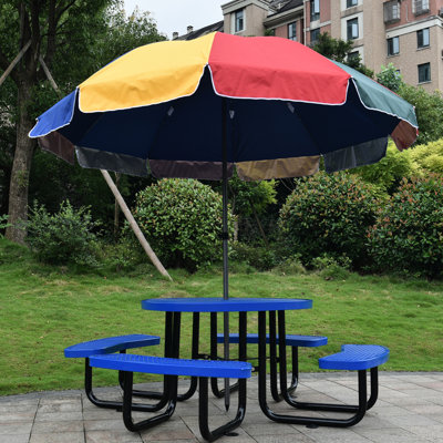 Table de pique-nique bleue en acier de 46 po avec insert pour perche de parasol