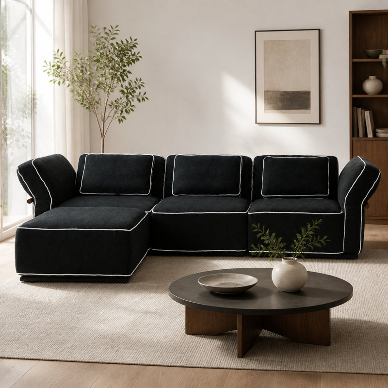 Canapé modulaire rembourré à accoudoirs évasés avec repose-pieds Boucle, Black Boucle