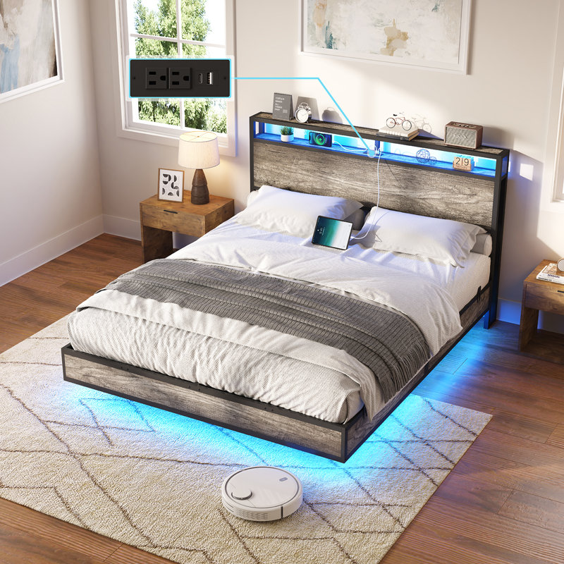 Tryston Floating Bed Frame With Led Lights, Industrial Platform Bed With Charging Station, Queen, Rustic Gray