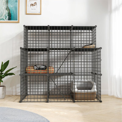 Cage pour chat à 3 niveaux avec cage en métal et balcon